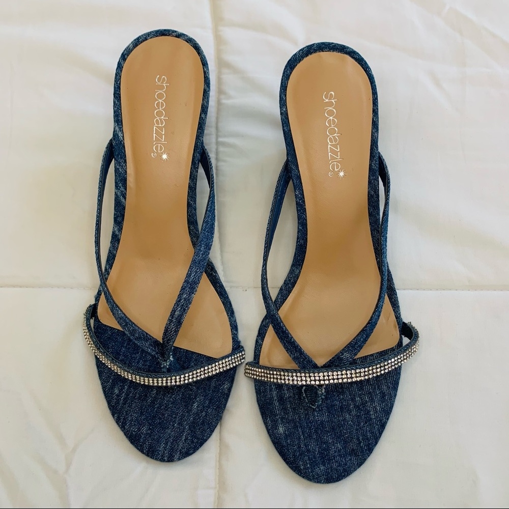 Shoedazzle Manci Blue Denim Wedge Slip On Sandal Size 8.5